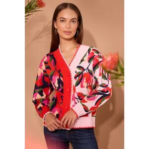 Avara Leslie Floral Cardigan Red Pink Multi Small Button Front Artsy Spring